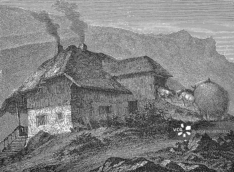 孚日山脉的农舍，约1870年，19世纪原版数字化修复再现，法国图片素材