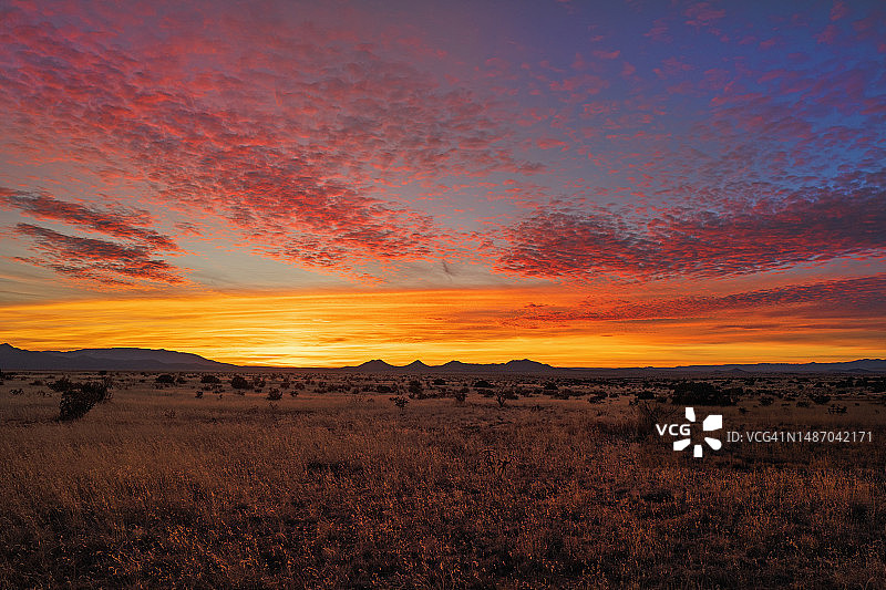 美国新墨西哥州塞里洛斯日落时分的壮丽橙色天空图片素材