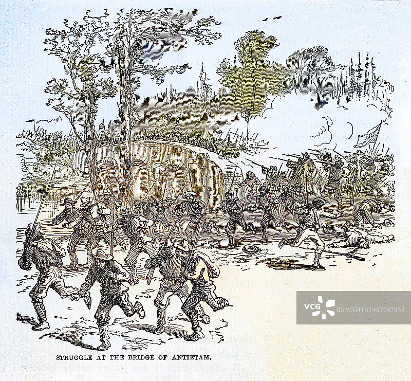 美国内战期间安提耶坦河大桥的战斗古版画图片素材