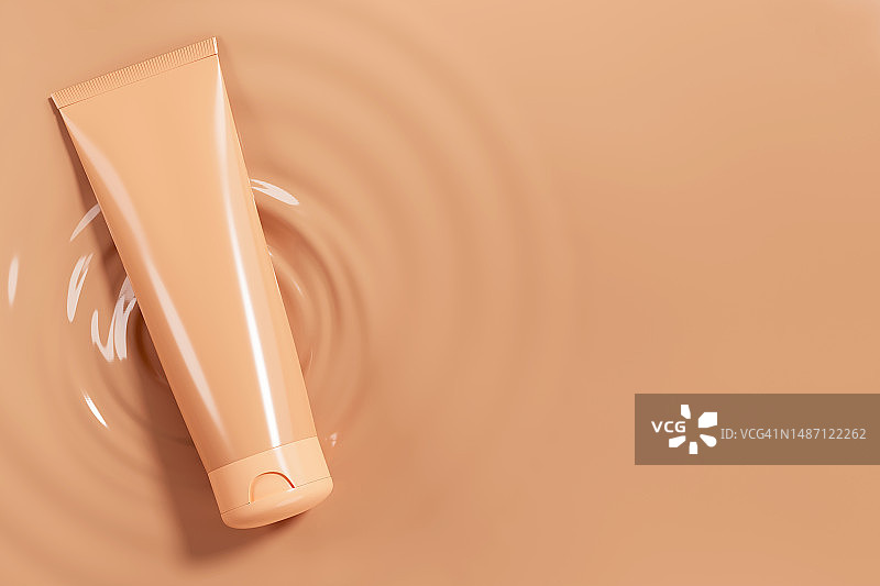 棕色纹理背景上的米色管状粉底液和面霜，化妆和护肤化妆品，3D图案，肤色，留白区域，文本位置图片素材
