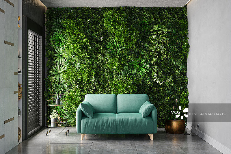带绿松石色沙发、垂直花园和瓷砖地板的绿色客厅图片素材