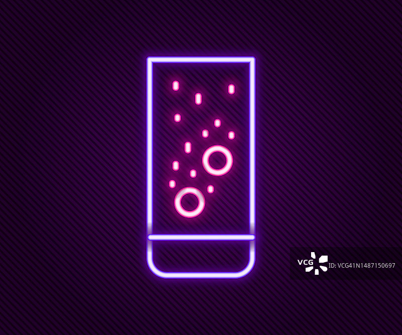 发光的霓虹灯线冒泡阿司匹林药片溶解在一杯水的图标孤立的黑色背景。色彩缤纷的轮廓概念。向量图片素材