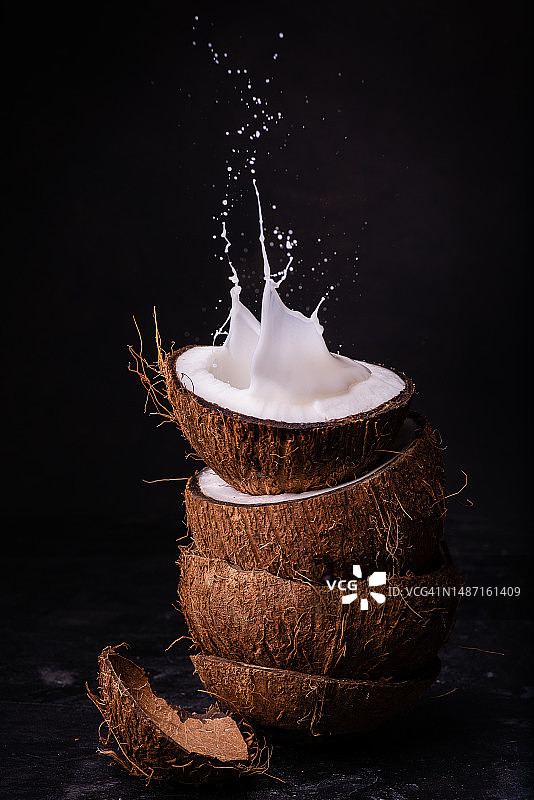 牛奶飞溅特写，黑色背景，意大利图片素材