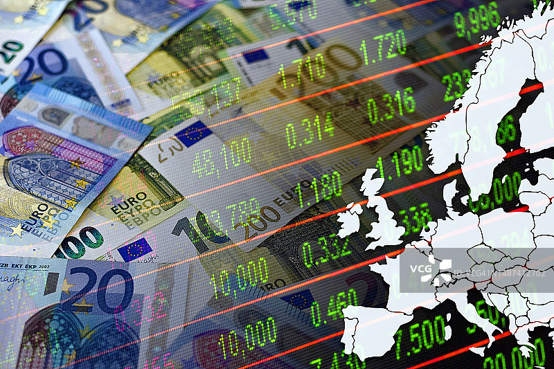 欧洲地图、欧元纸币和股市指标图片素材