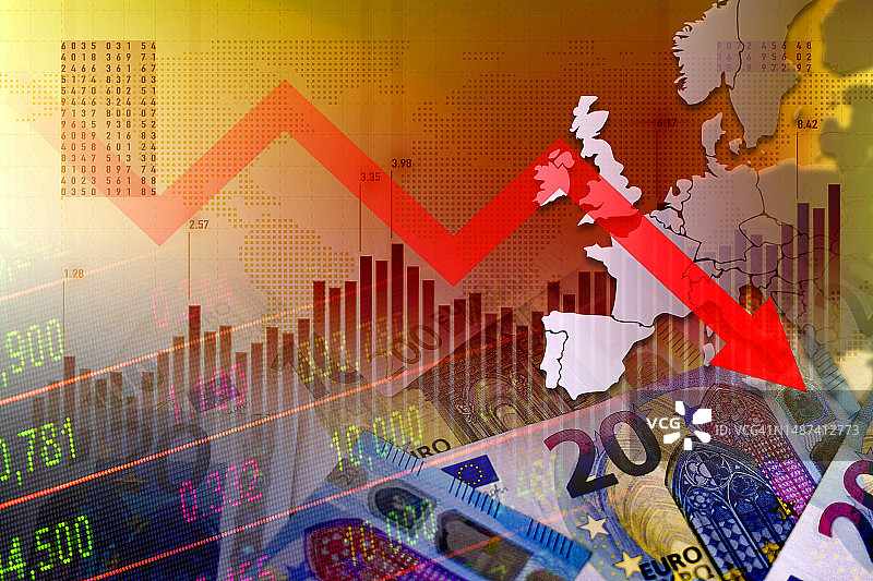 经济图表：下跌的箭头、欧洲地图、欧元现金和股市指标图片素材