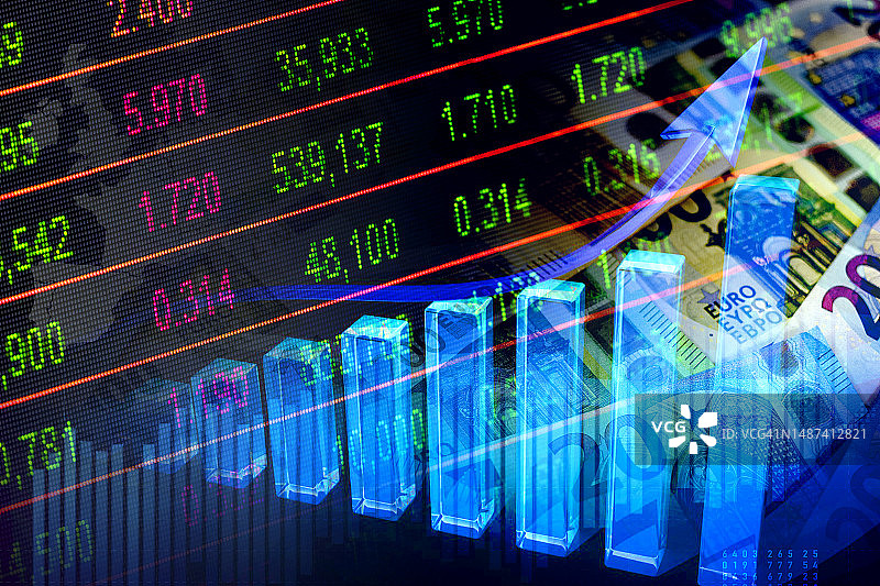经济图表：上升箭头、欧洲地图、欧元现金和股市指标图片素材