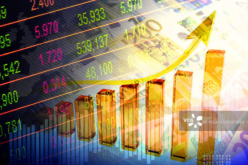 经济图表：上升箭头、欧洲地图、欧元现金和股市指标图片素材