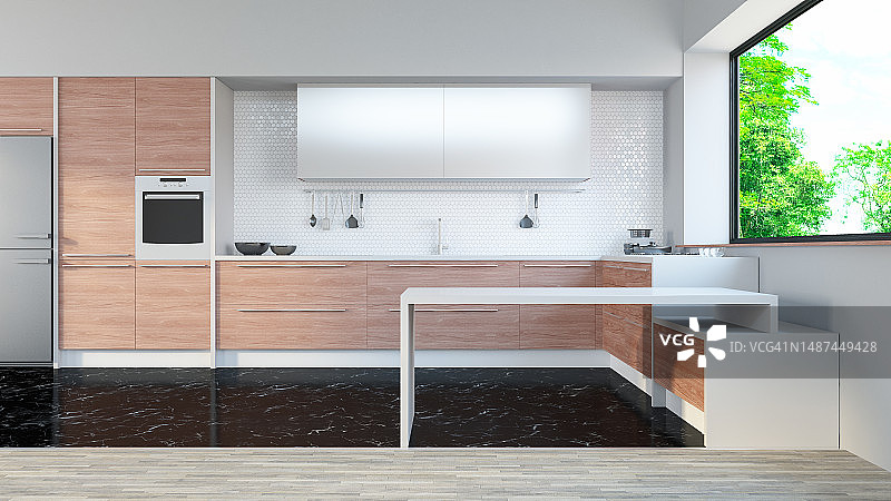具有自然景观的现代厨房内饰图片素材