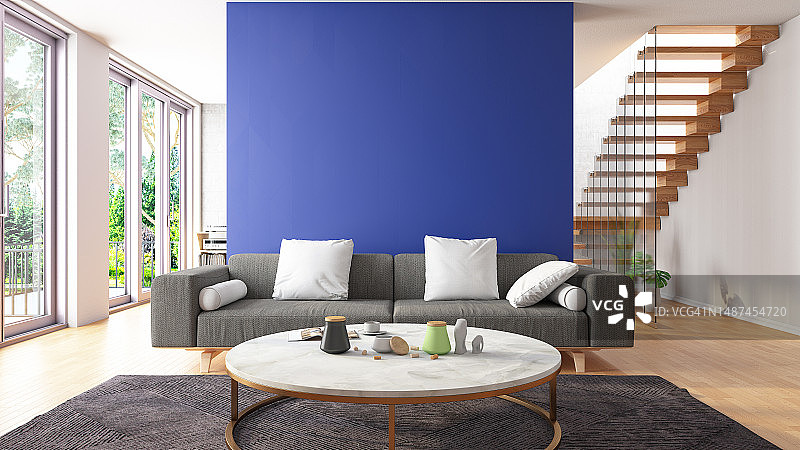 带蓝色空白墙壁和楼梯的现代客厅内饰图片素材