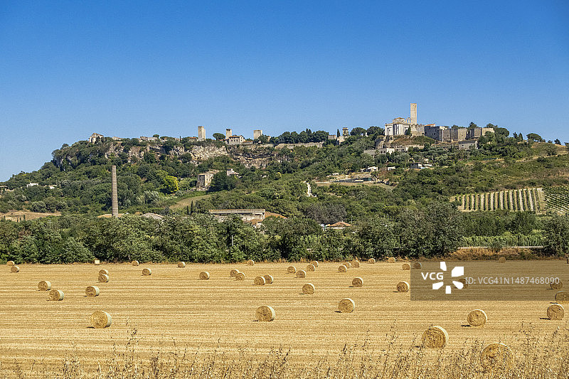 意大利拉齐奥塔奎尼亚：夏季田野里晾晒的干草捆图片素材