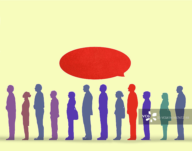 拿着红色空白对话气泡排队的商人插图图片素材