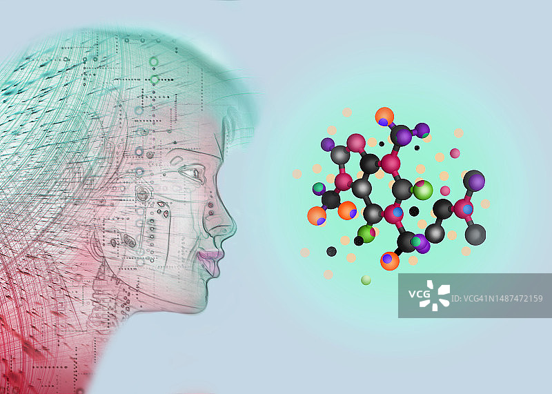 注视分子结构的机器人插画图片素材