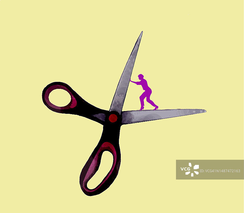 女性站在剪刀刀片上插画图片素材