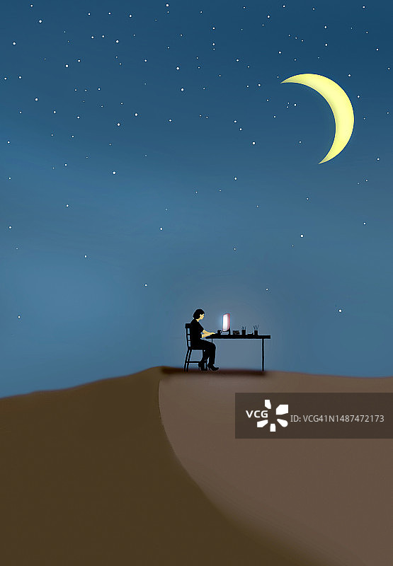 商务女性在沙丘上工作的插画图片素材