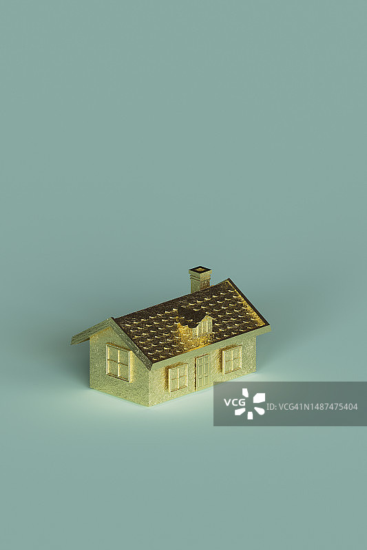 金色房屋与蓝绿色背景的三维渲染效果图片素材