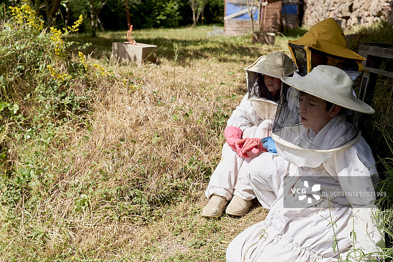 穿着白色养蜂服的棕发男孩和女孩坐在草地上，背景是箱子和树木图片素材