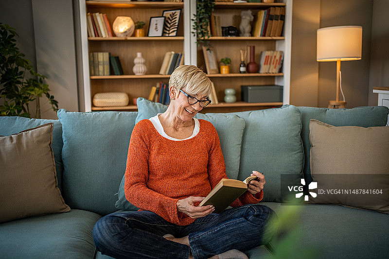 一位年老的退休人员舒适地坐在沙发上，专心致志地读着她最喜欢的书图片素材