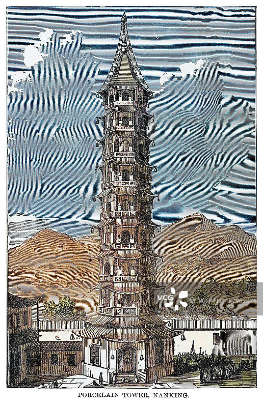 南京大报恩寺琉璃塔旧版雕刻插画图片素材