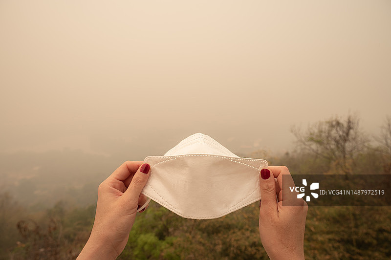 手持口罩预防空气污染的局部照片图片素材