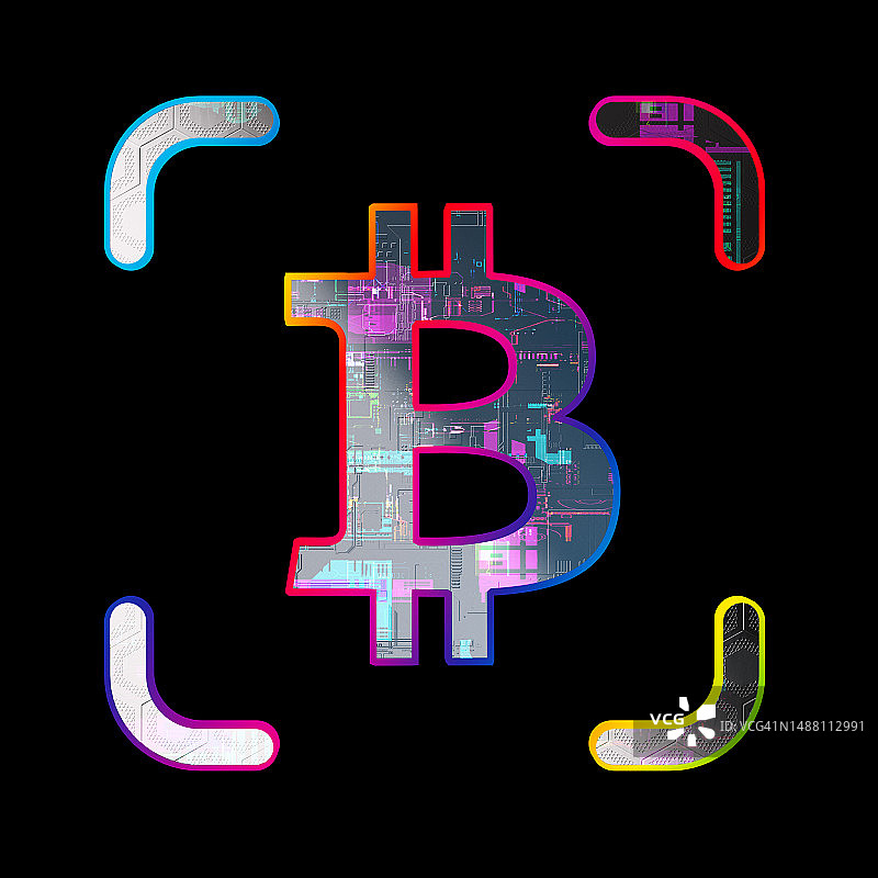 加密货币的力量：黑色背景上的未来主义比特币图标，3D渲染图片素材