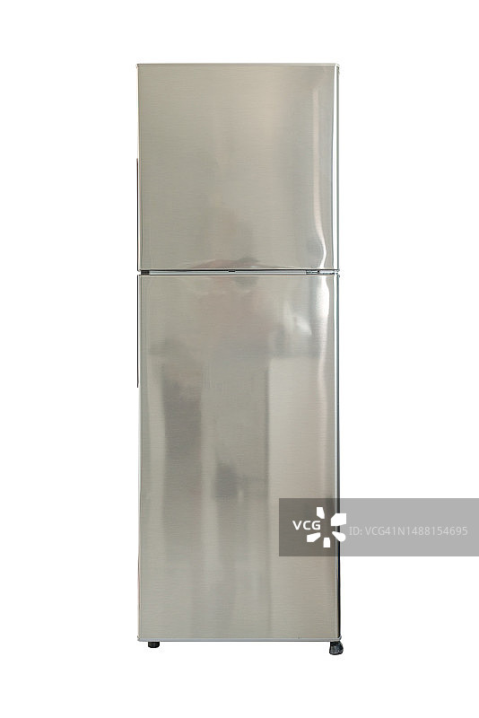 白色背景上不锈钢顶置式双门冰箱图片素材