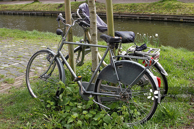 靠在花园边的自行车图片素材