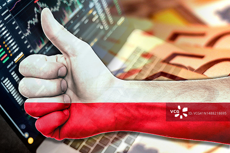 波兰国旗点赞、股市指数与欧元现金图片素材