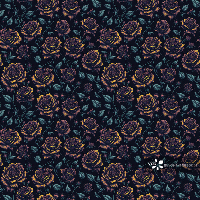 黑色背景玫瑰无缝图案，2x2四方连续图片素材