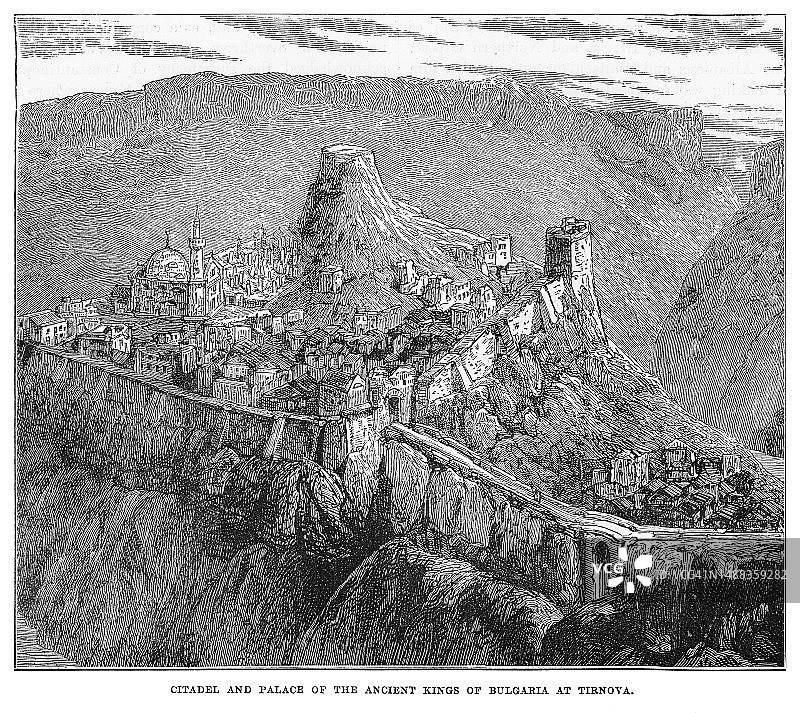 保加利亚古都特尔诺沃城堡和宫殿古老雕刻插图图片素材
