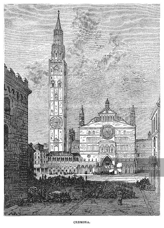 意大利北部城市克雷莫纳古版画，位于伦巴第波河左岸的波河平原中部图片素材