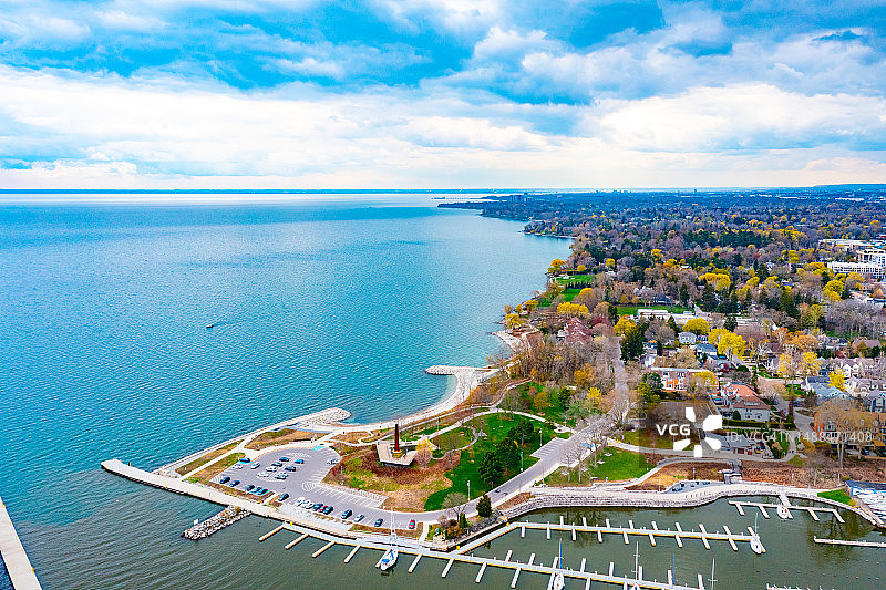 加拿大奥克维尔湖滨公园和十六英里小溪的航拍照片图片素材