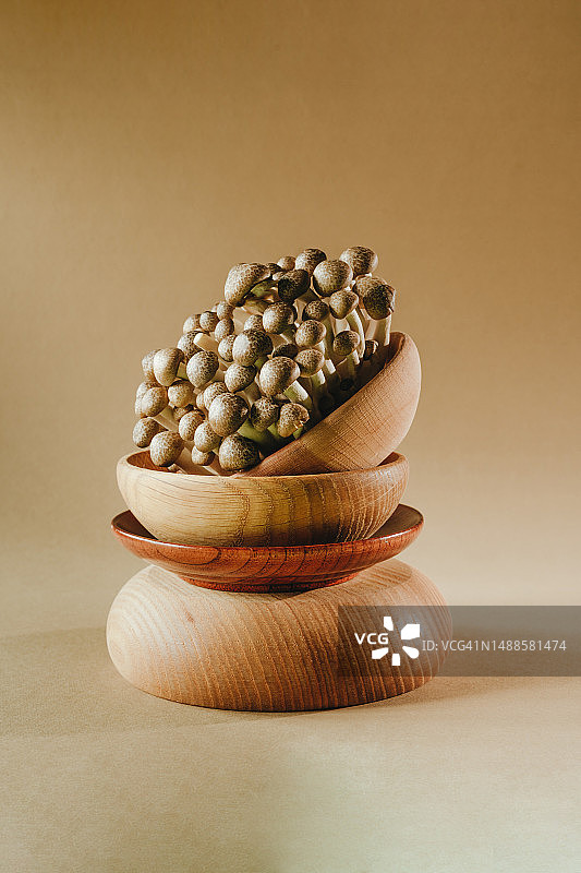 米色背景木碗中的滑子菇图片素材