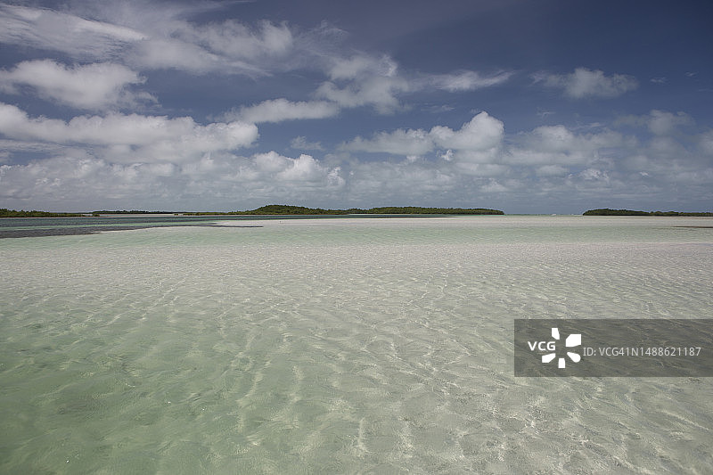 礁岛浅水区和蓝色天空的广角景观图片素材