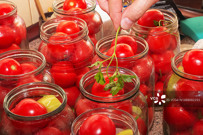 冬季保存番茄的过程：玻璃罐中成熟的红色多汁番茄，罗马尼亚图片素材