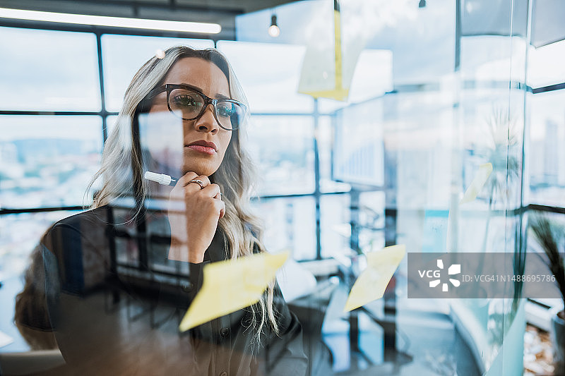 在窗户玻璃后头脑风暴的女商人图片素材