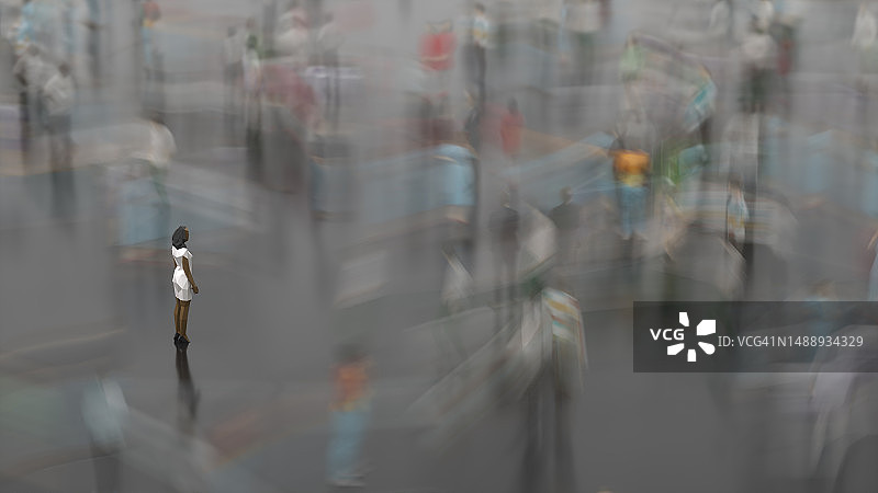 站在熙熙攘攘人群中的LowPoly风格女子图片素材