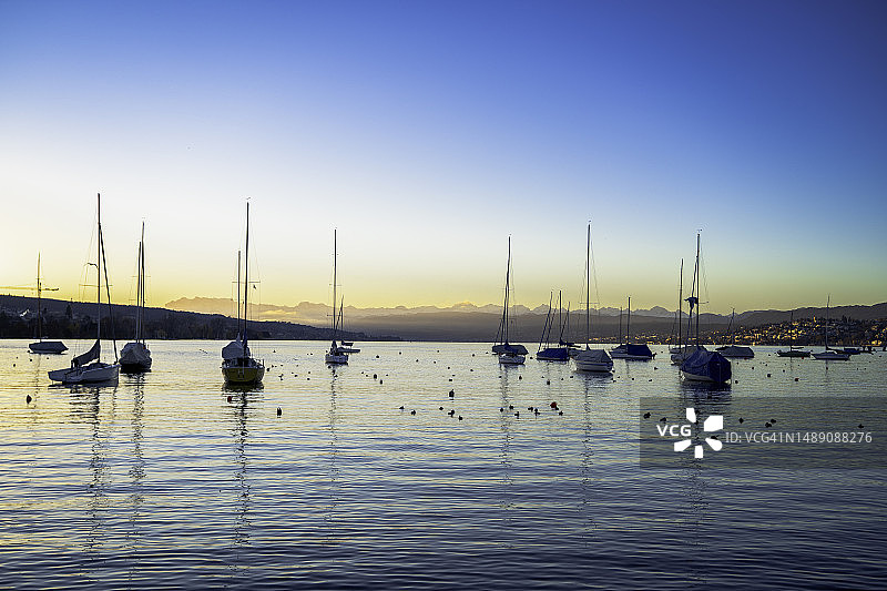 停泊在卢塞恩湖码头的船只，有鸭子和天鹅，背景是城市和雪山，瑞士图片素材