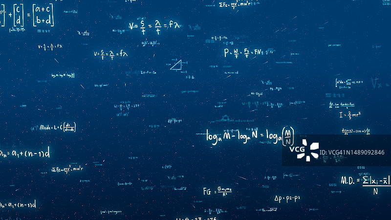 抽象物理方程式概念：数学计算科学公式手写几何符号蓝色背景粉笔演算3D渲染图片素材
