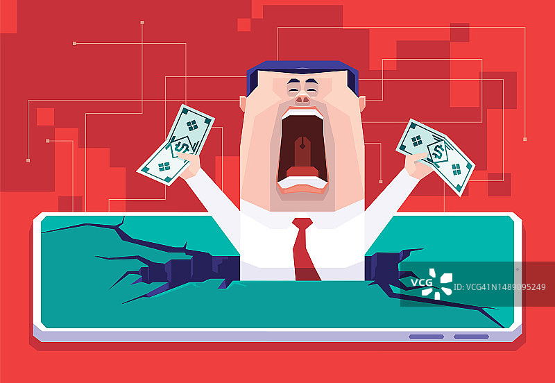 在智能手机上拿着钞票被困在破裂地面上尖叫的商人图片素材