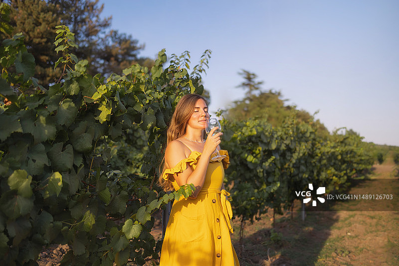 30多岁的年轻女人在夏日日落时享受葡萄园风光图片素材