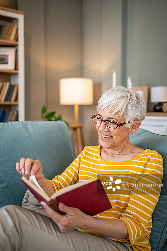 一位退休妇女舒适地坐在公寓的沙发上，专心阅读她最喜欢的书图片素材