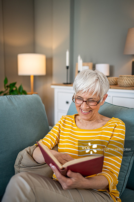 一位退休妇女舒适地坐在公寓的沙发上，专心阅读她最喜欢的书图片素材
