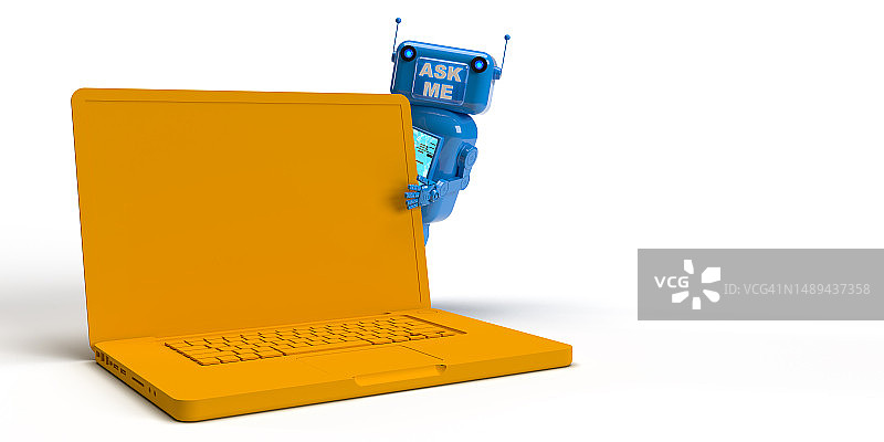 在白色背景的黄色笔记本电脑上的AI聊天机器人图片素材