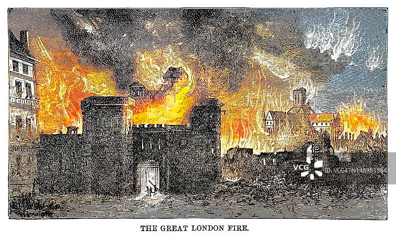 英国伦敦大火古老雕刻插图图片素材