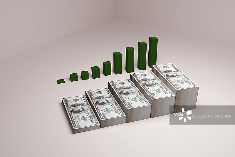 带有增长柱状图的美元，3D渲染图片素材