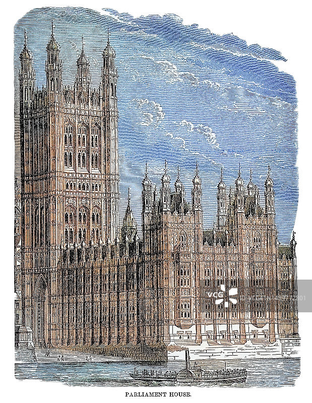 英国伦敦威斯敏斯特宫（议会大厦）的古老雕刻插图图片素材