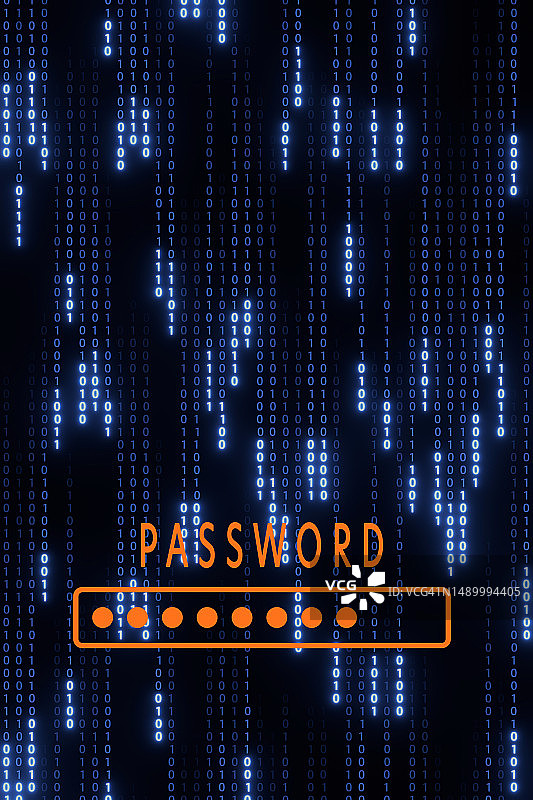 闪烁的灯光下，振动的蓝色二进制数字倾泻而下，文本为“密码”图片素材
