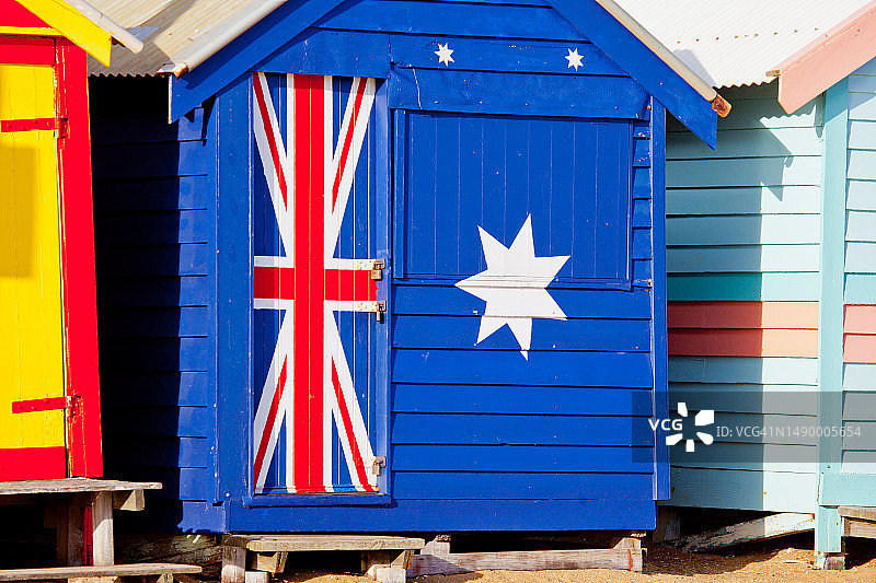 绘有澳大利亚国旗的木制小屋图片素材