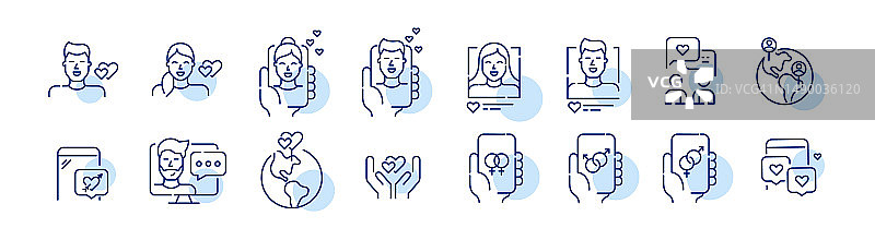 约会App国际用户浪漫关系像素描边图标图片素材