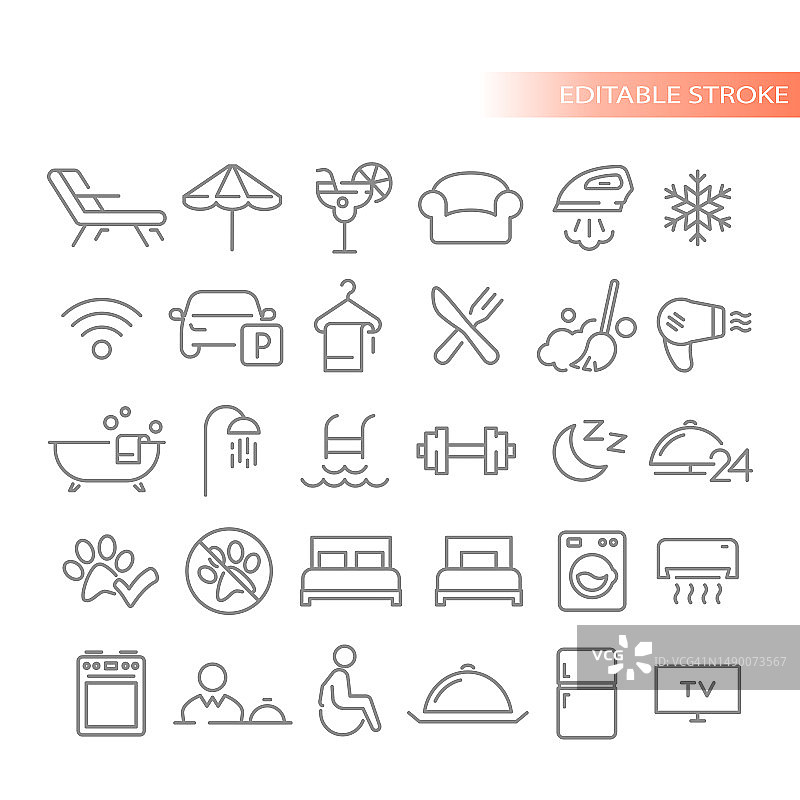 酒店接待、客房服务线性矢量图标集图片素材